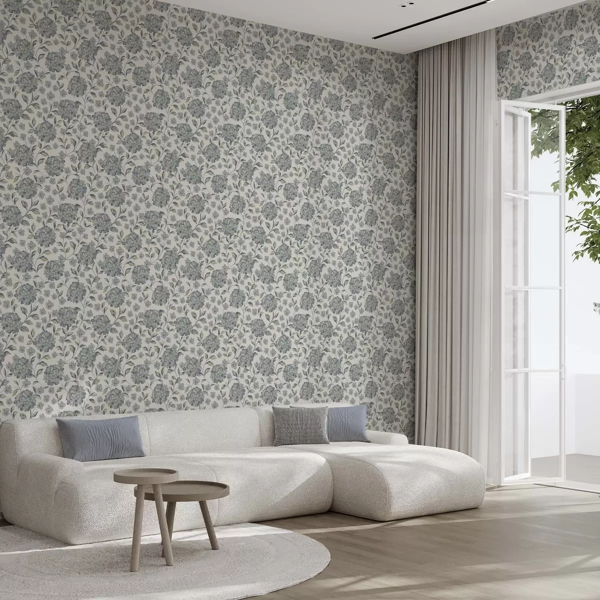 Taustakuva Harjakset kukat ja lehdet harmaansinisessä värimaailmassa a00778