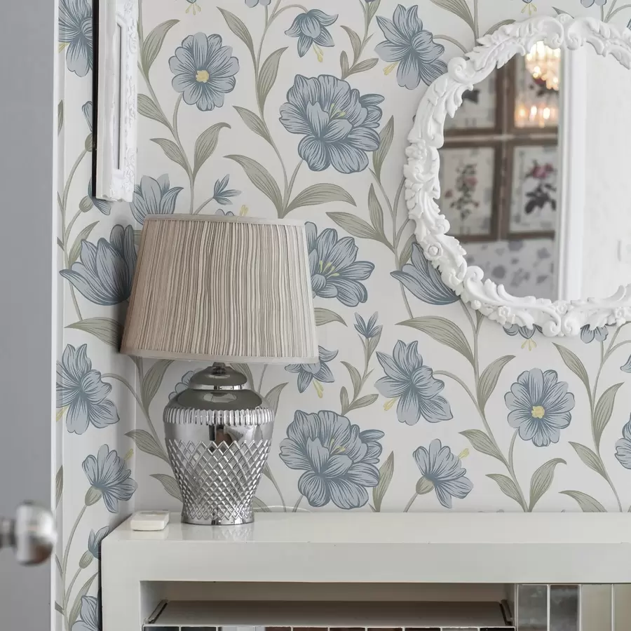 Valokuvatapetti Pölyiset siniset kukat ja oliivinlehdet valkoisella pohjalla a00780