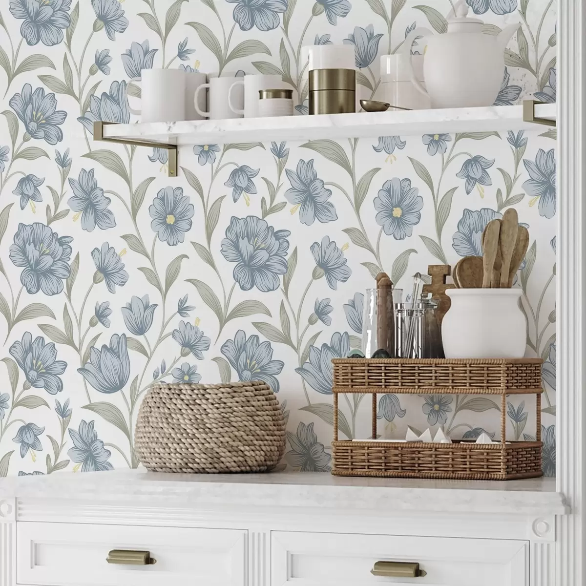 Taustakuva Pölyiset siniset kukat ja oliivinlehdet valkoisella pohjalla a00780