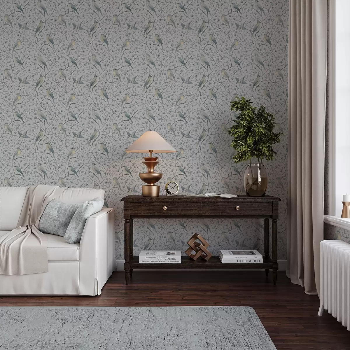 Taustakuva Linnut oksilla, harmaansininen värimaailma a00782