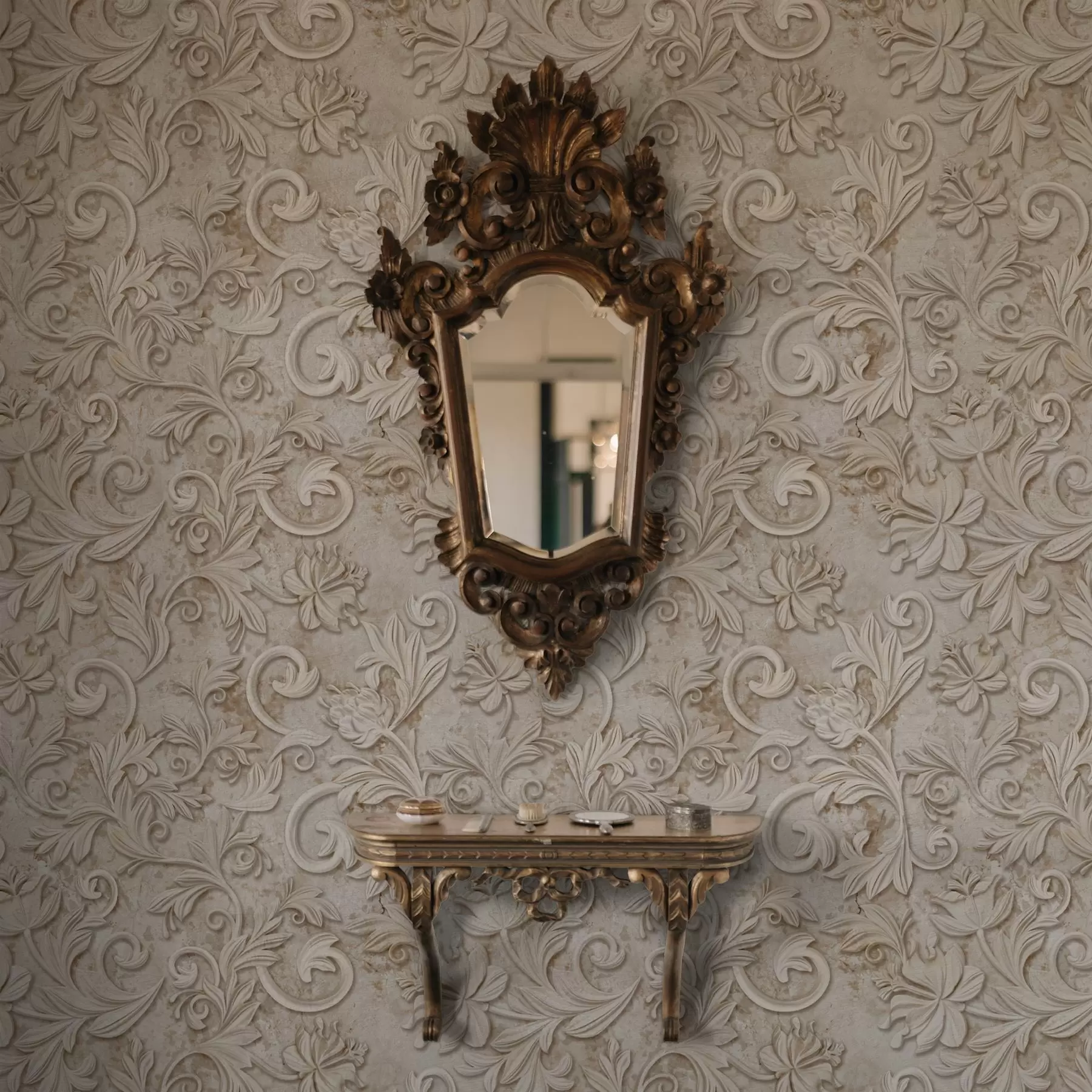 Valokuvatapetti Kivireliefi kukka-koristeilla, vintage-beige a00784