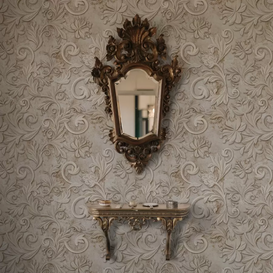 Valokuvatapetti Kivireliefi kukka-koristeilla, vintage-beige a00784