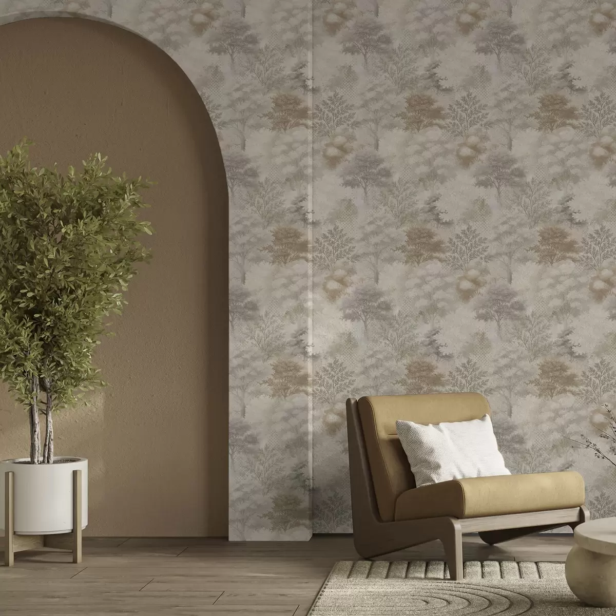 Taustakuva Hellävarainen metsä sumussa, pehmeät beige-harmaat sävyt a00785