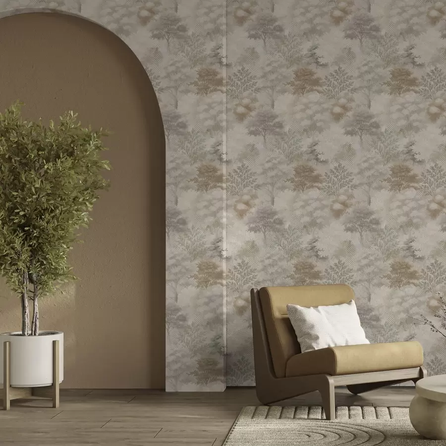 Valokuvatapetti Hellävarainen metsä sumussa, pehmeät beige-harmaat sävyt a00785