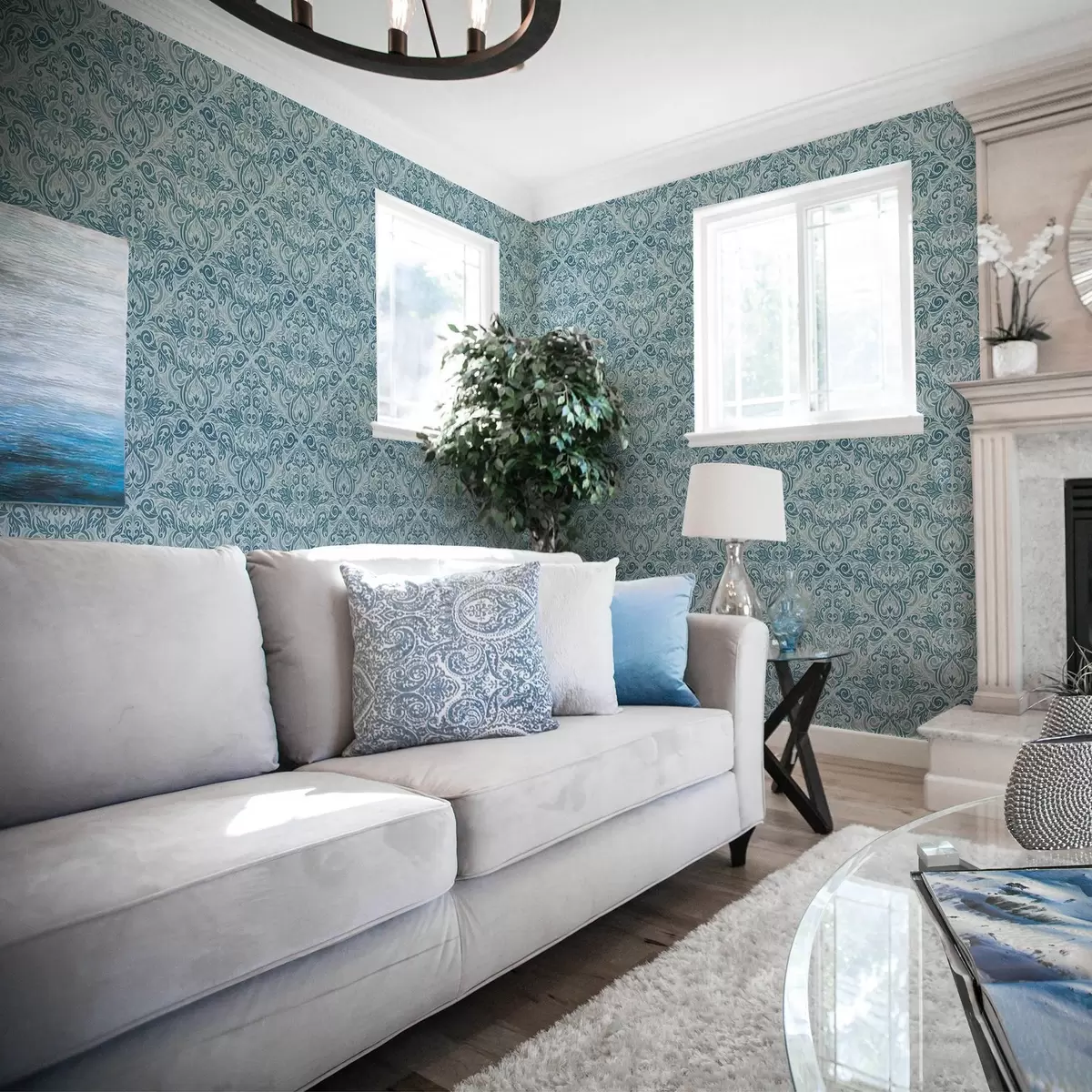 Taustakuva Klassinen damasti, syvän sininen vaaleansinisellä pohjalla a00826