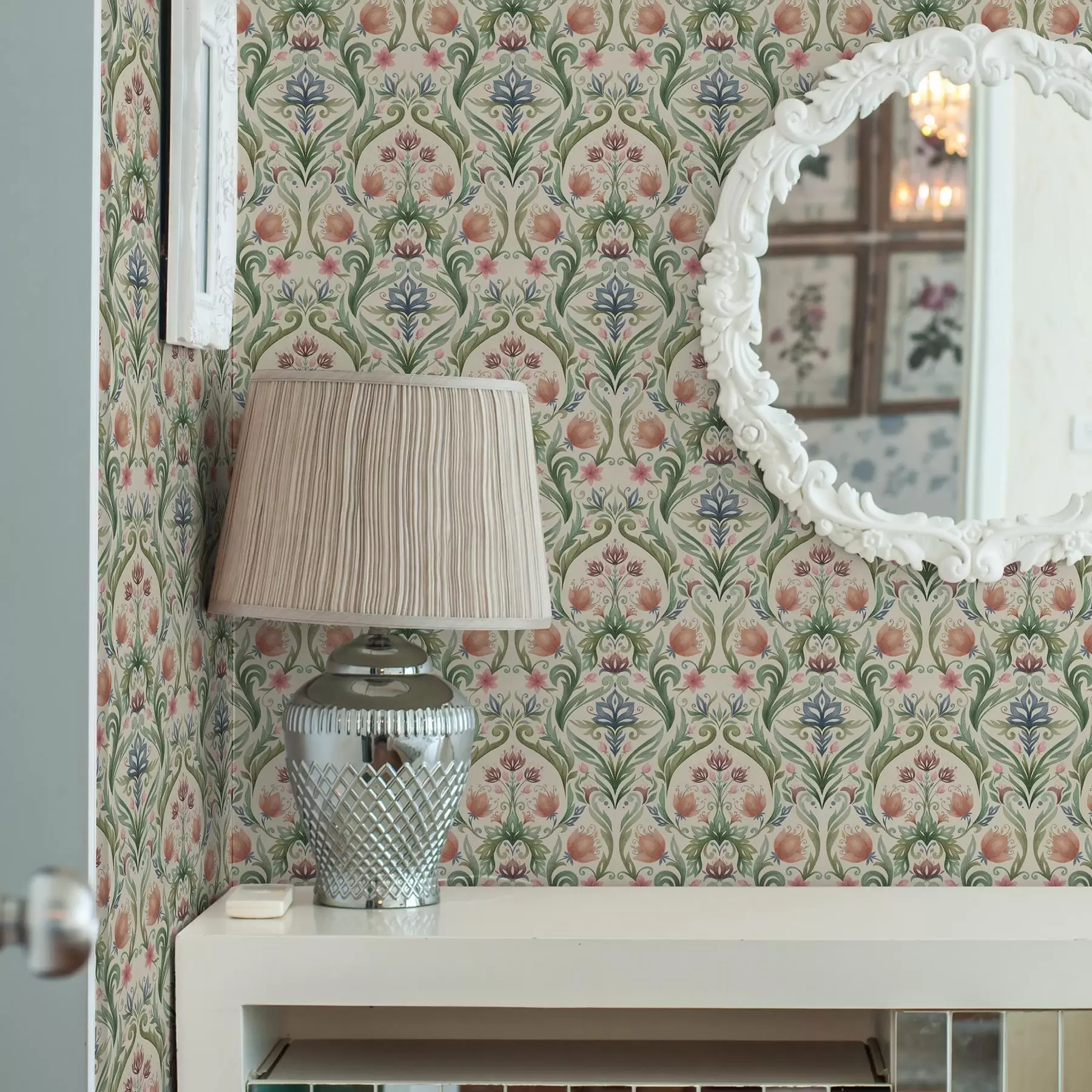 Valokuvatapetti Symmetrinen kukka-koriste, terrakotta ja vihreä a00827