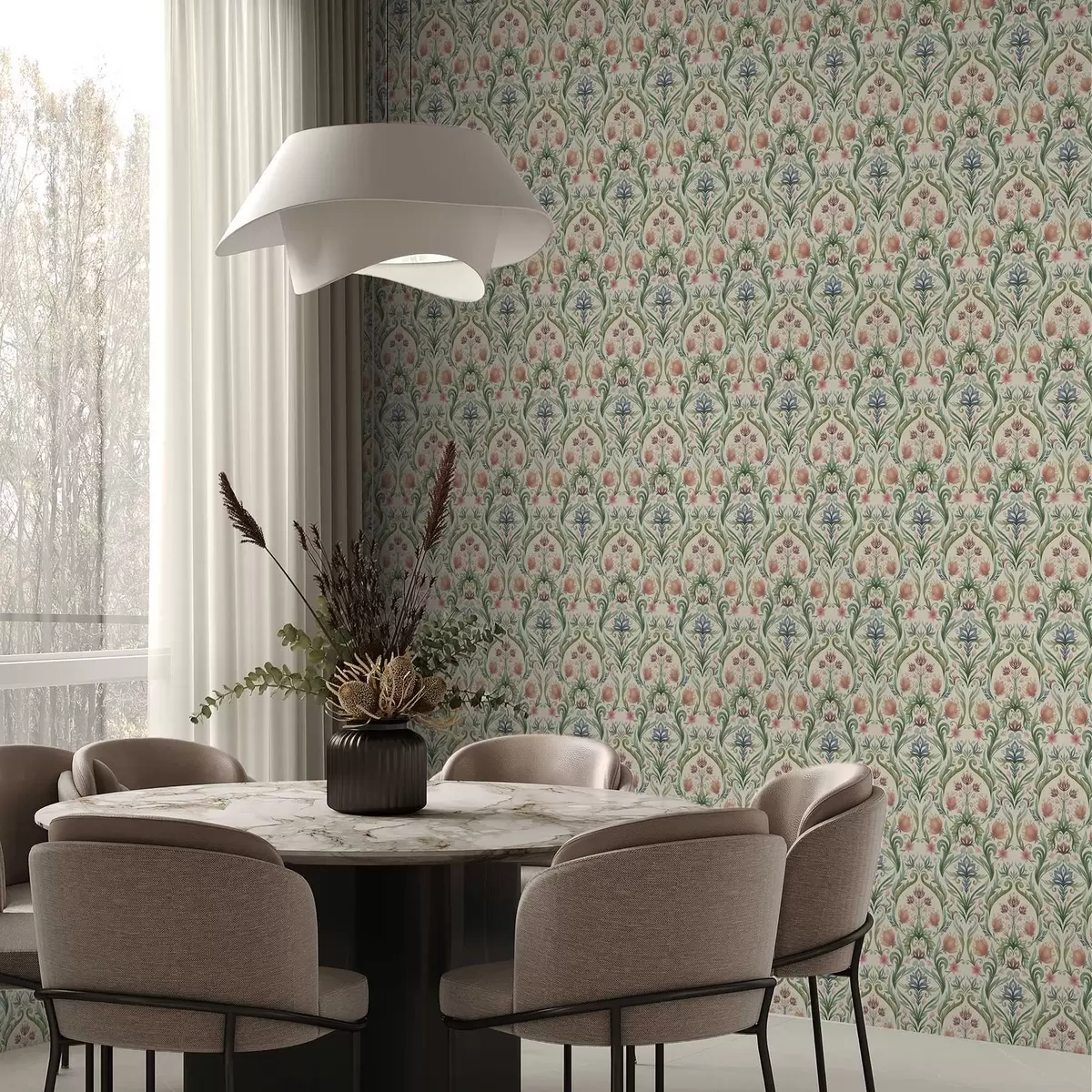 Taustakuva Symmetrinen kukka-koriste, terrakotta ja vihreä a00827