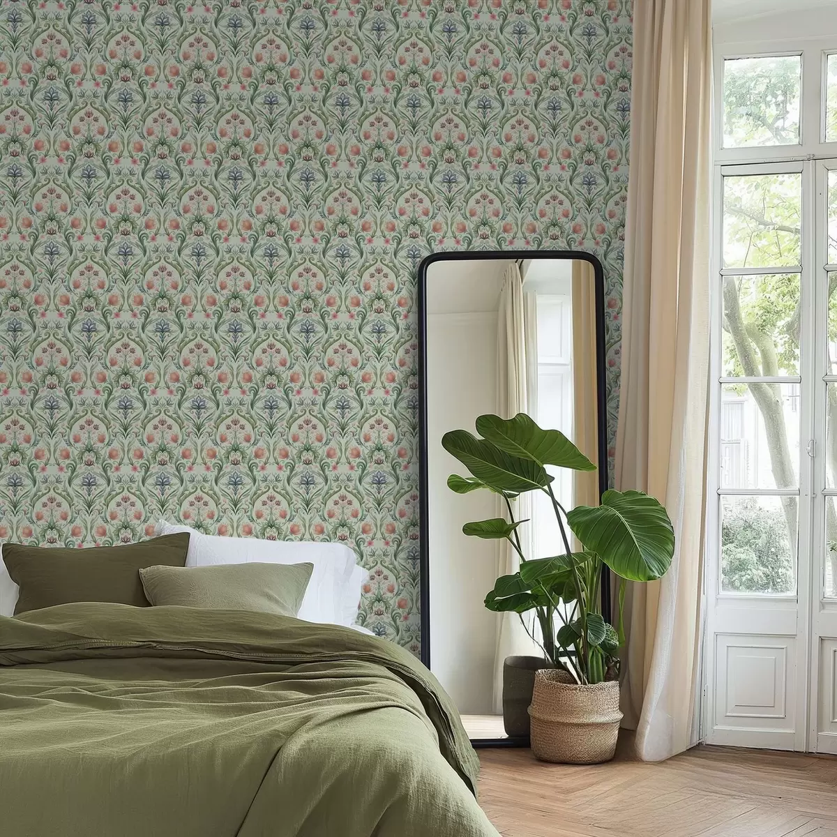 Taustakuva Symmetrinen kukka-koriste, minttu-kermanvärinen paletti a00827v1