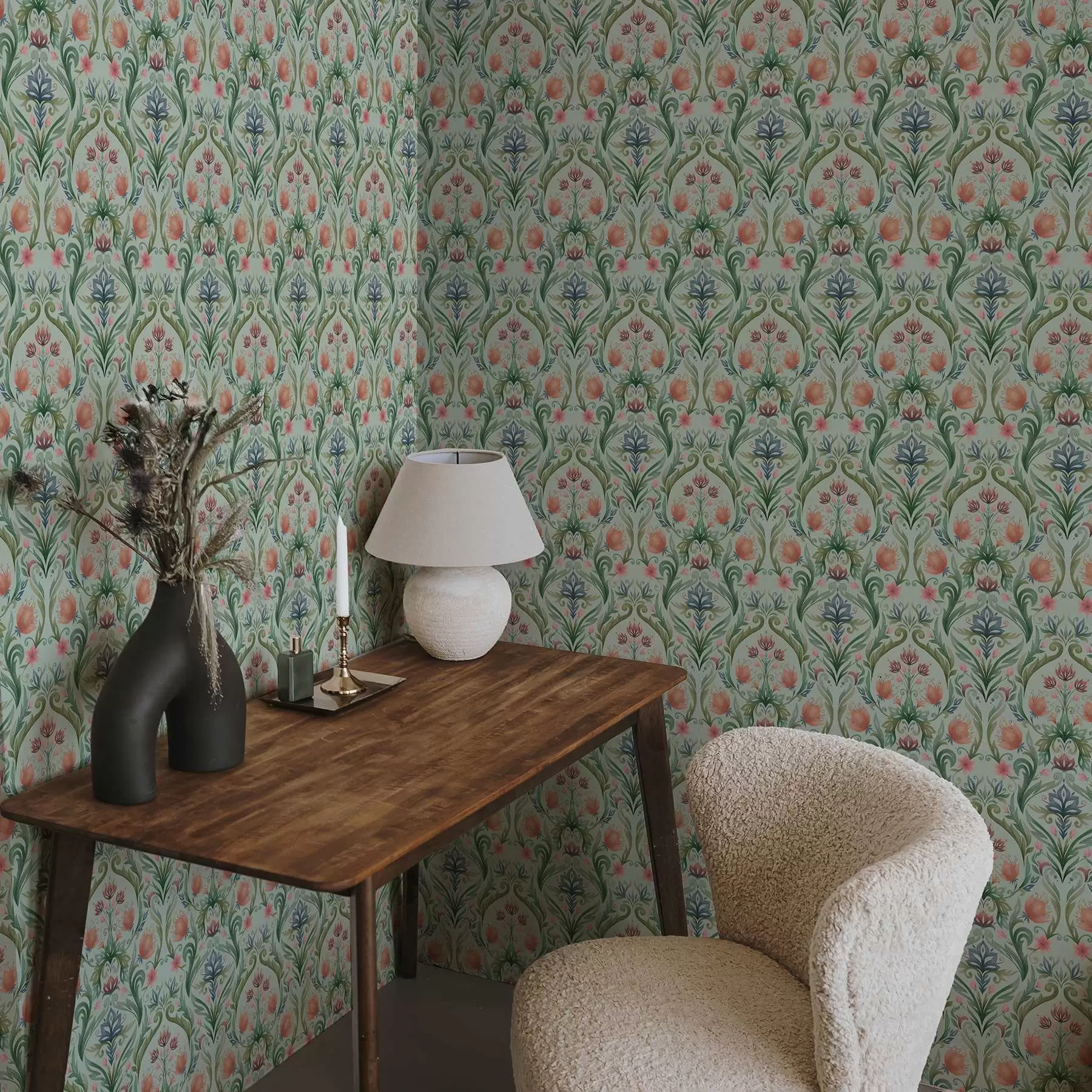 Valokuvatapetti Symmetrinen kukka-koriste, minttu-kermanvärinen paletti a00827v1