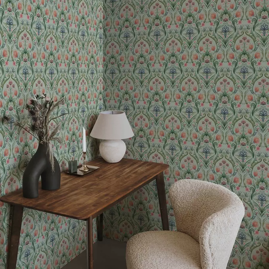 Valokuvatapetti Symmetrinen kukka-koriste, minttu-kermanvärinen paletti a00827v1