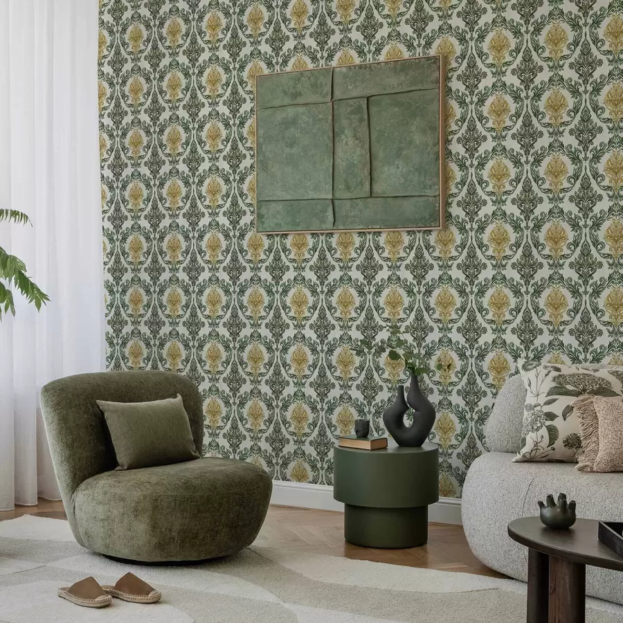 Valokuvatapetti Damaskia, jossa on vihreitä koristekuvioita vaalealla pohjalla a00828v1