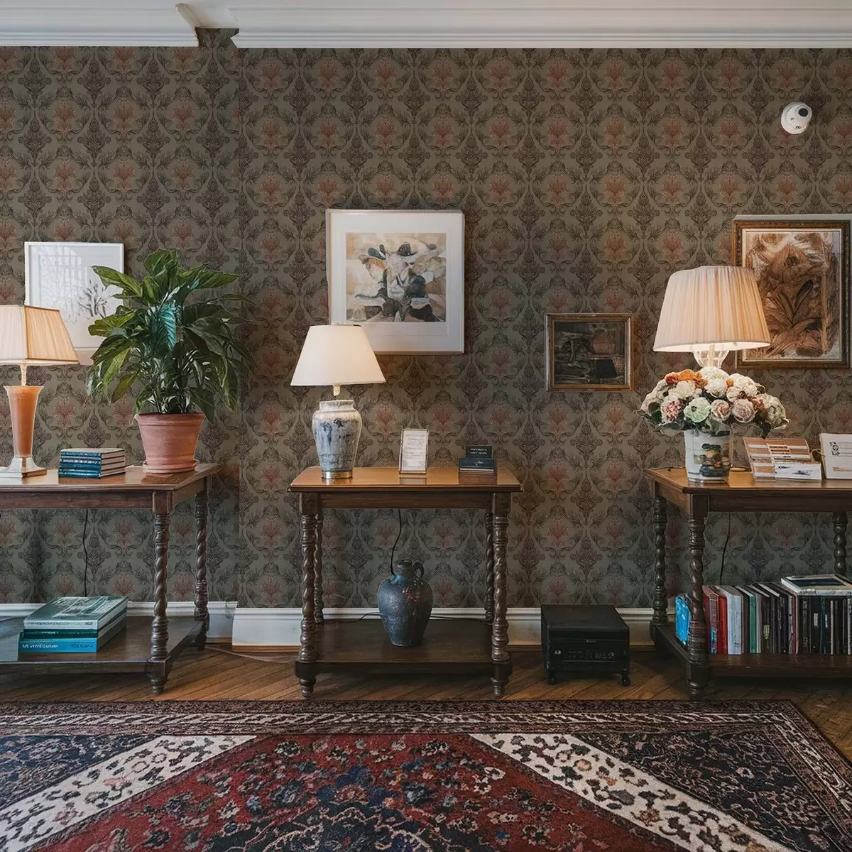 Taustakuva Terrakotta-damaskia hillityllä oliivinvihreällä pohjalla a00828v3