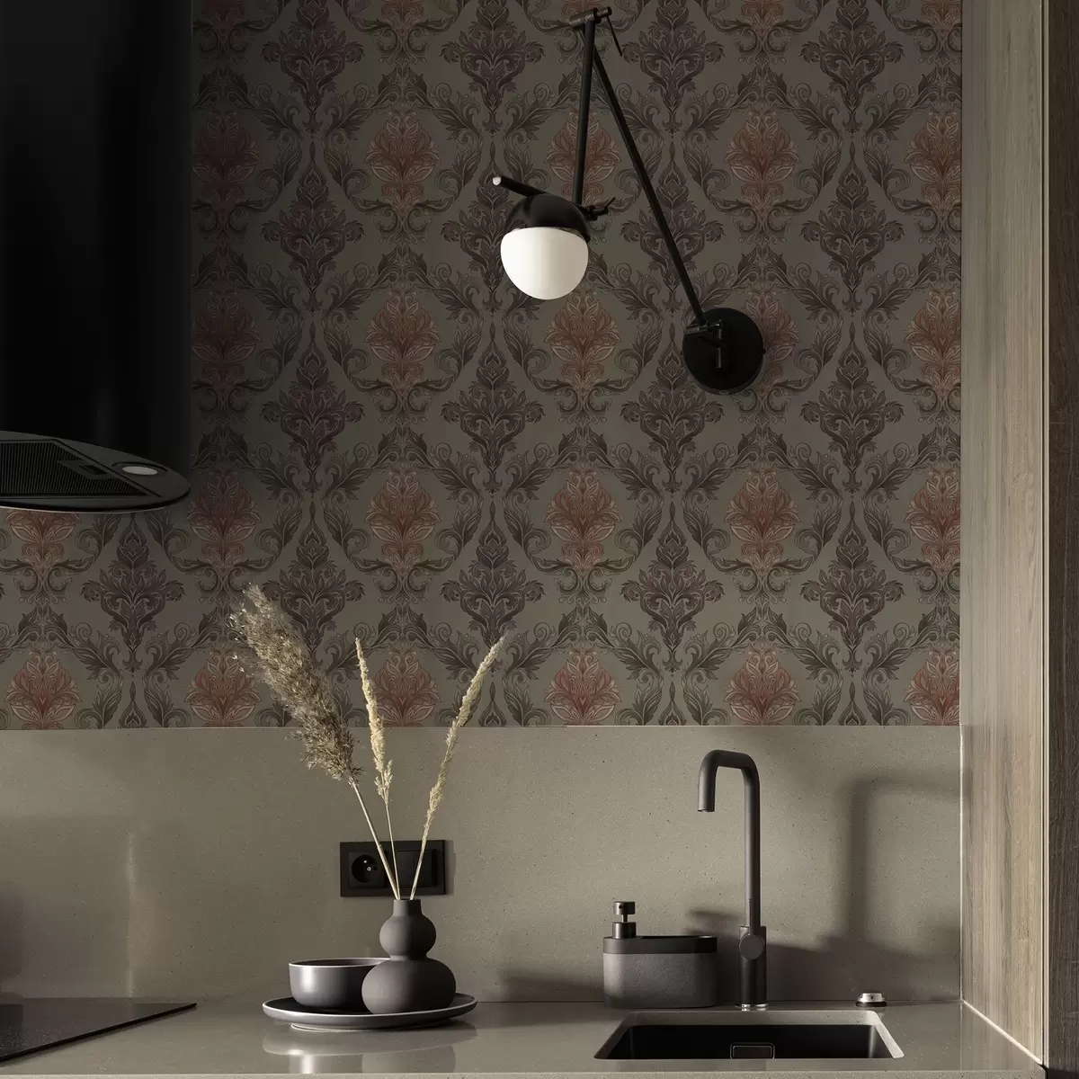 Taustakuva Terrakotta-damaskia hillityllä oliivinvihreällä pohjalla a00828v3