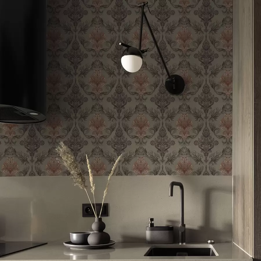 Valokuvatapetti Terrakotta-damaskia hillityllä oliivinvihreällä pohjalla a00828v3