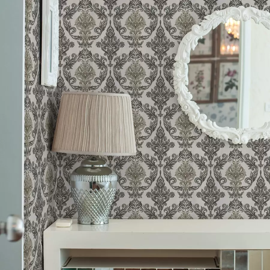 Valokuvatapetti Vaalealla pohjalla damaskia, oliivi-pronssinvärisiä korostuksia a00828v6