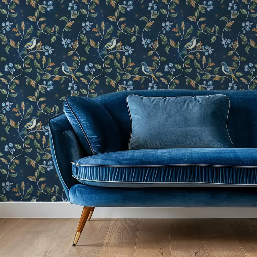 Valokuvatapetti Rinnat oksilla, yö sininen tausta kipinöillä a00858