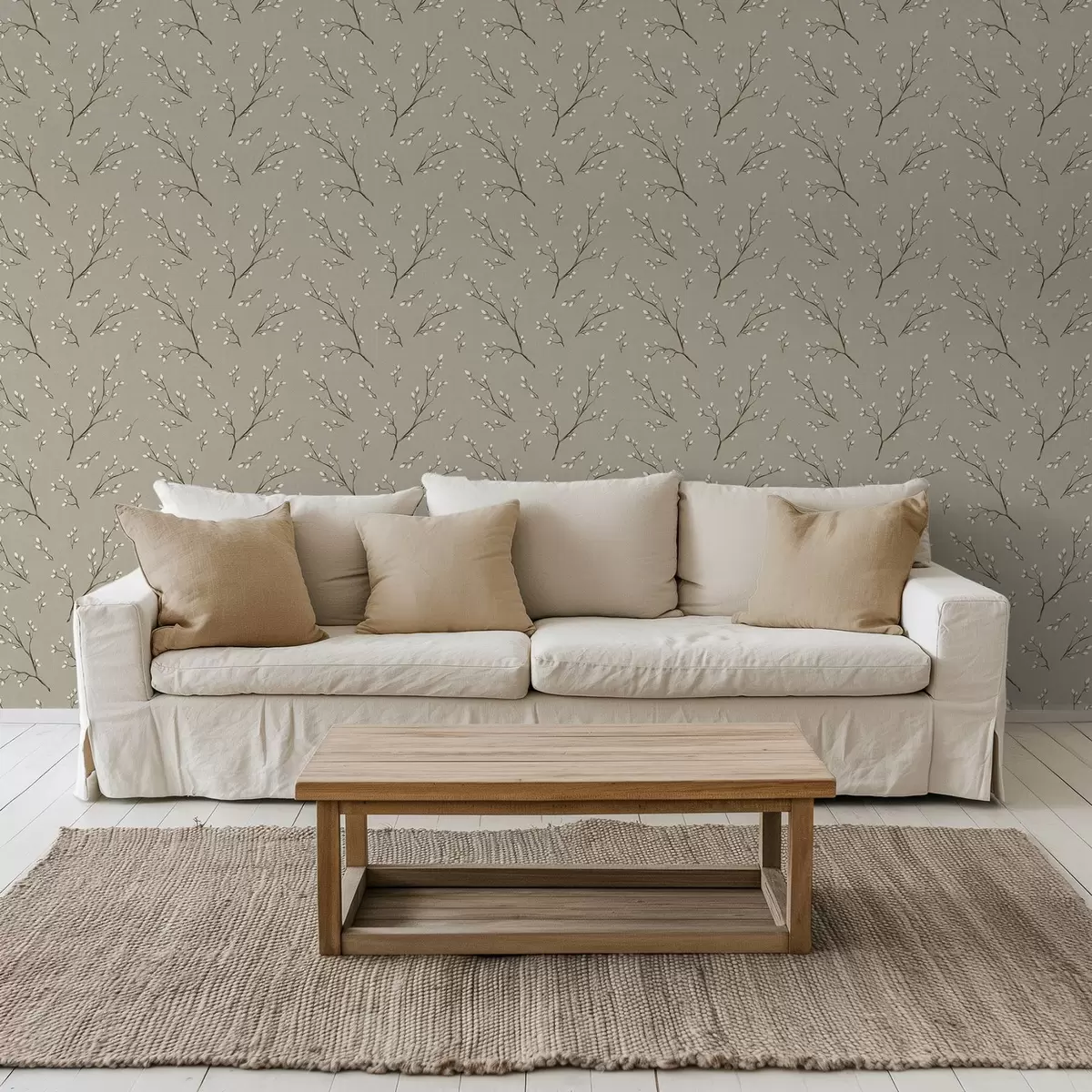 Taustakuva Valkoisilla silmuilla koristellut oksat taustalla, jossa on liinavaatteen harmahtava sävy a00861