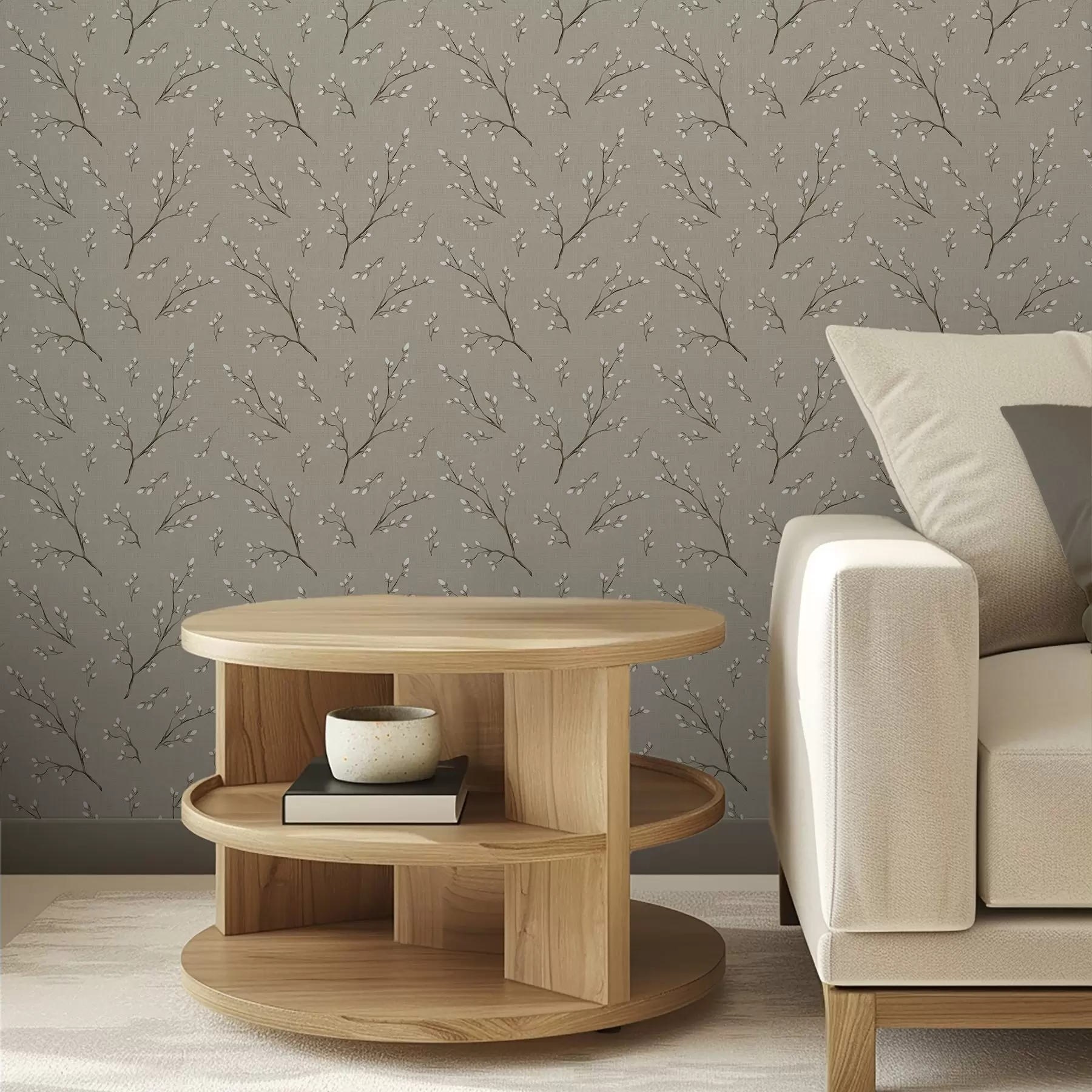 Valokuvatapetti Valkoisilla silmuilla koristellut oksat taustalla, jossa on liinavaatteen harmahtava sävy a00861