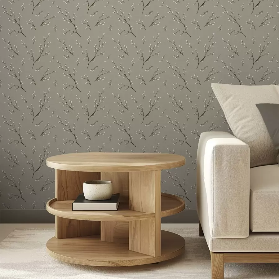 Valokuvatapetti Valkoisilla silmuilla koristellut oksat taustalla, jossa on liinavaatteen harmahtava sävy a00861