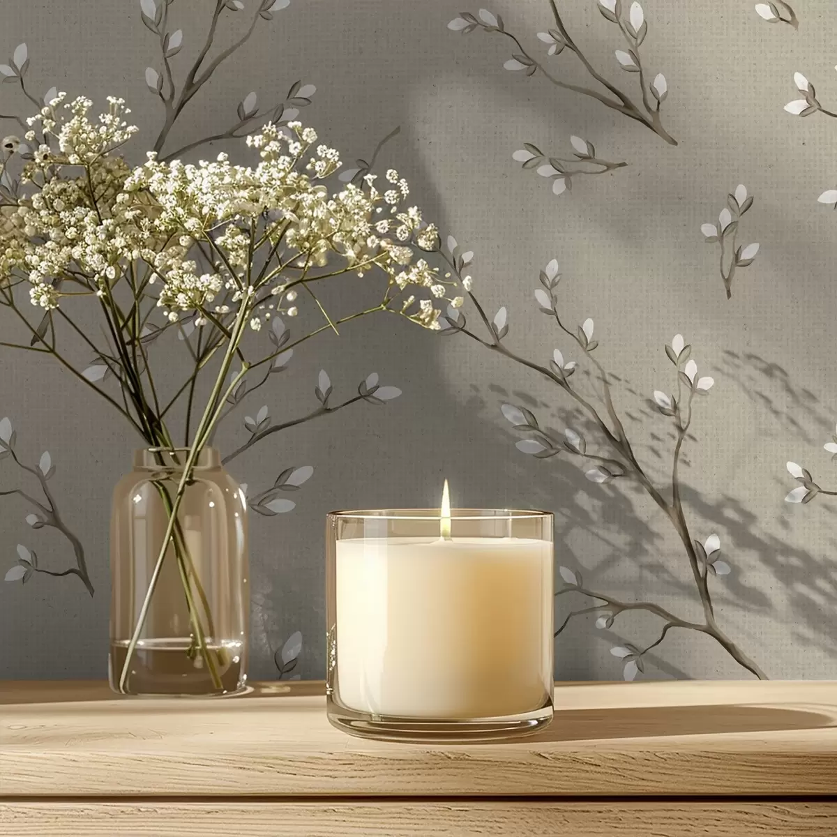 Taustakuva Valkoisilla silmuilla koristellut oksat taustalla, jossa on liinavaatteen harmahtava sävy a00861