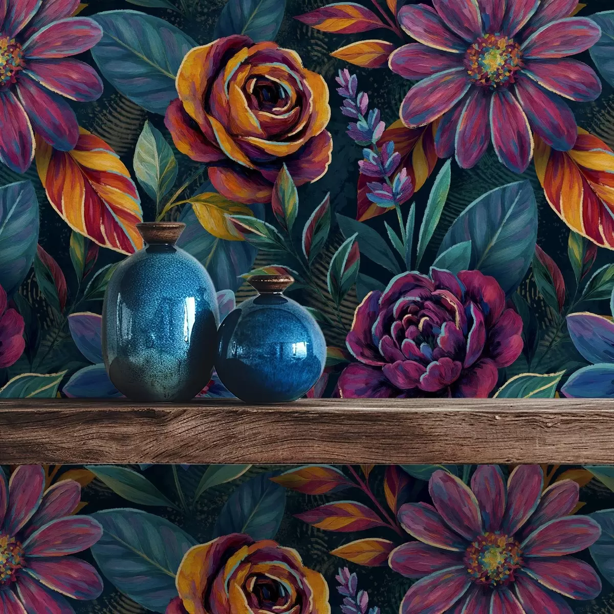 Taustakuva Elävät jalokivien sävyiset kukat syvän tummansinisellä pohjalla a00871