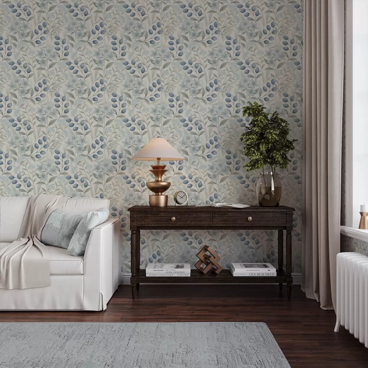 Taustakuva Siniset marjat ja vaaleat kukat norsunluunvärisellä pohjalla a00872