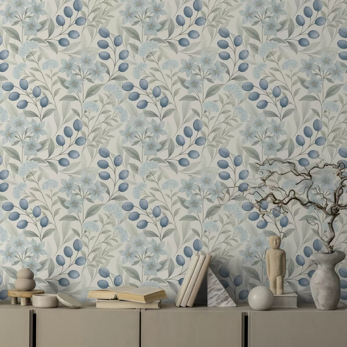 Taustakuva Siniset marjat ja vaaleat kukat norsunluunvärisellä pohjalla a00872