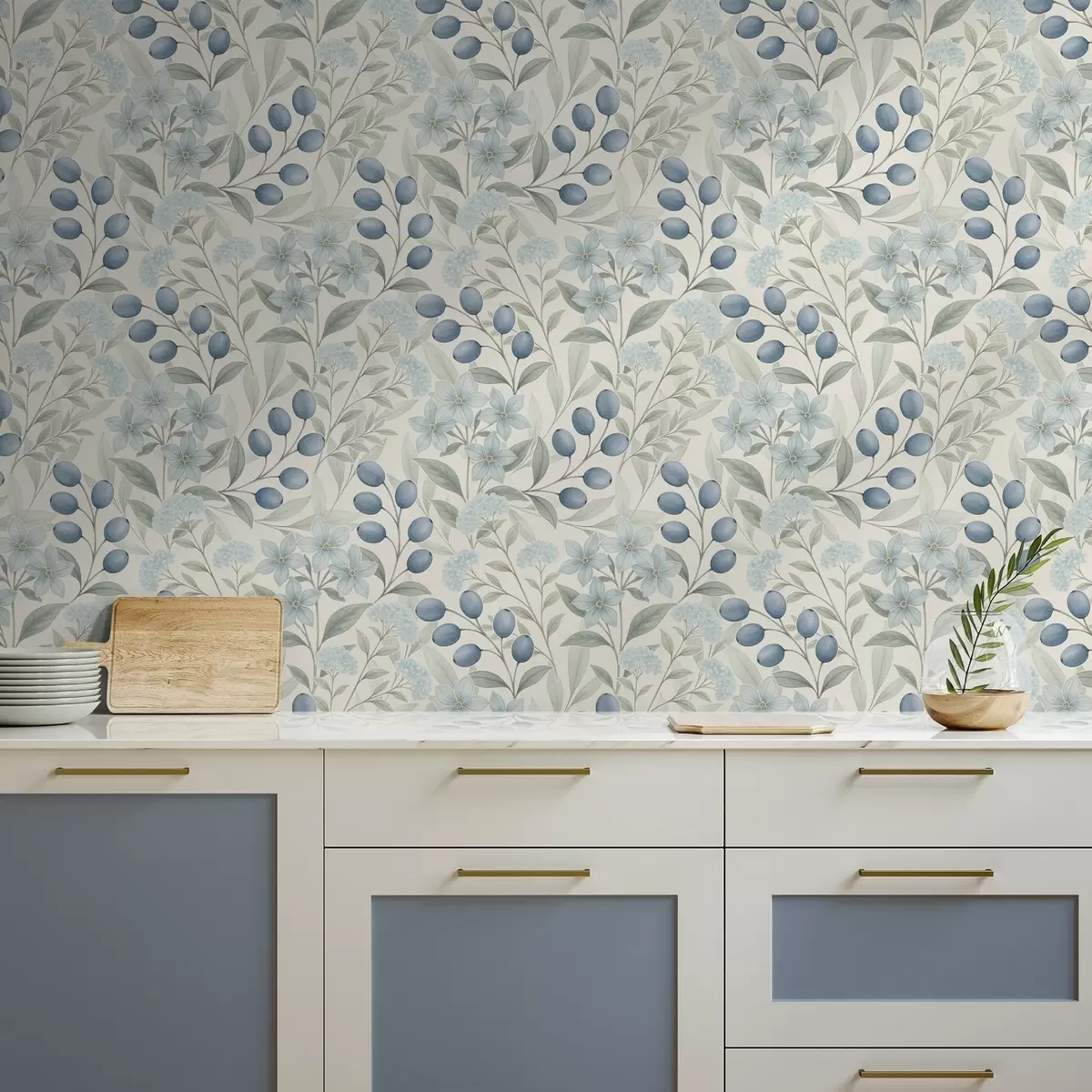 Taustakuva Siniset marjat ja vaaleat kukat norsunluunvärisellä pohjalla a00872