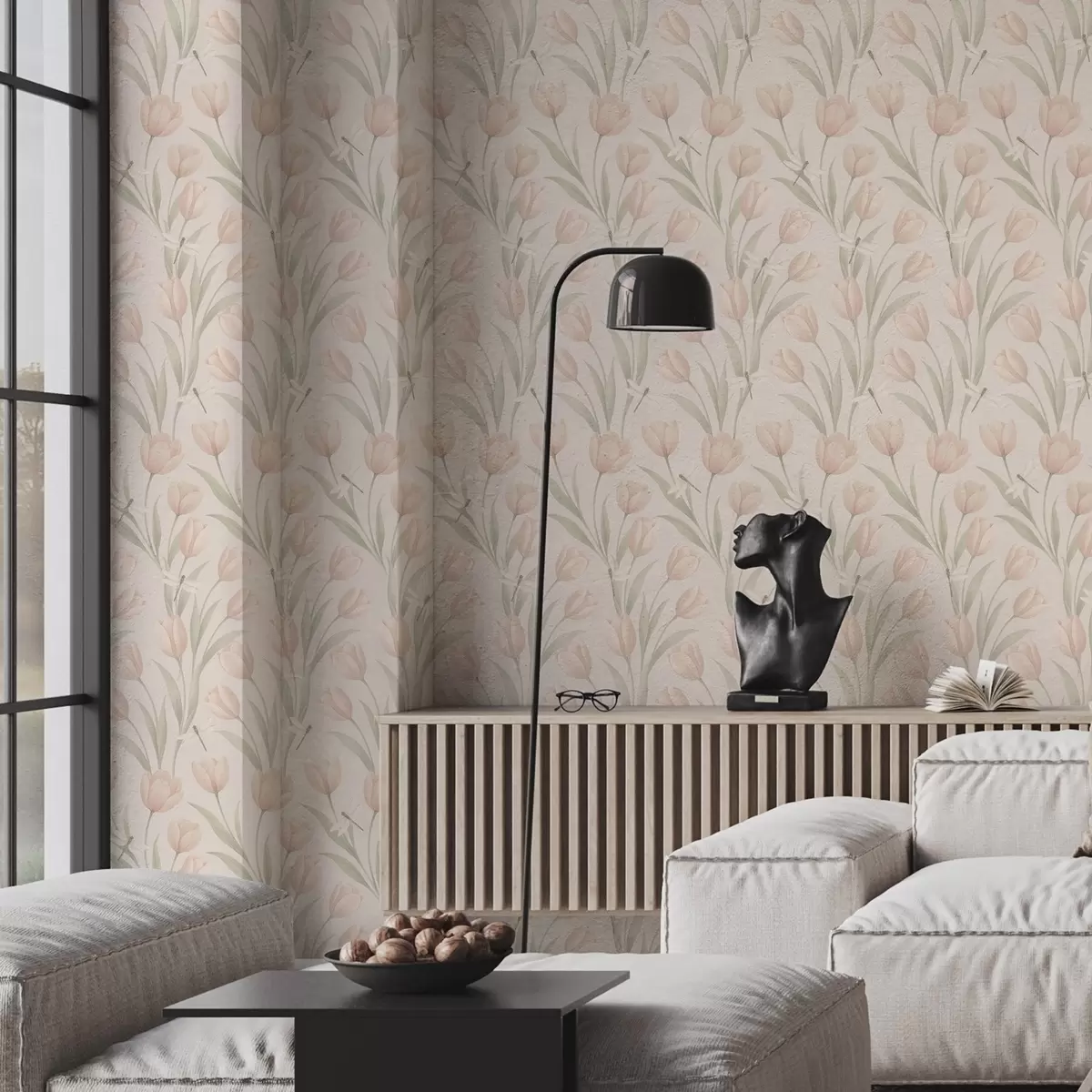 Taustakuva Pastelliväriset tulppaanit ja sudenkorennot punertavalla pohjalla a00876