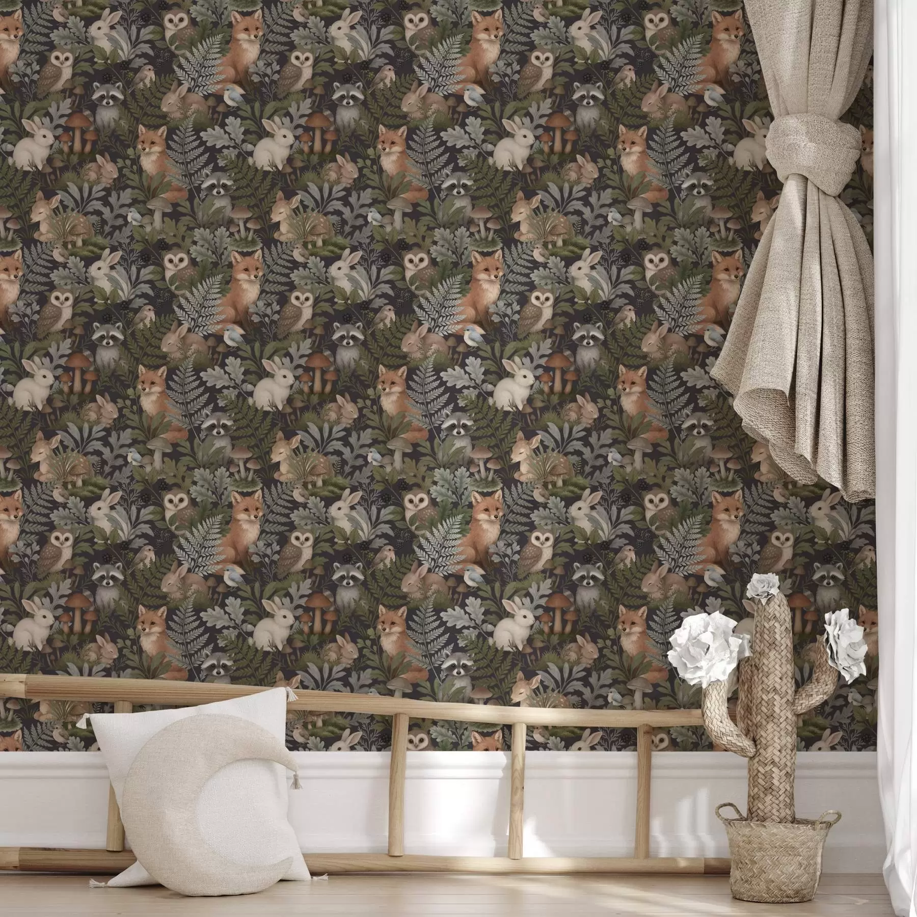 Valokuvatapetti Metsän eläimet ja saniaiset syvällä hiilellä a00880