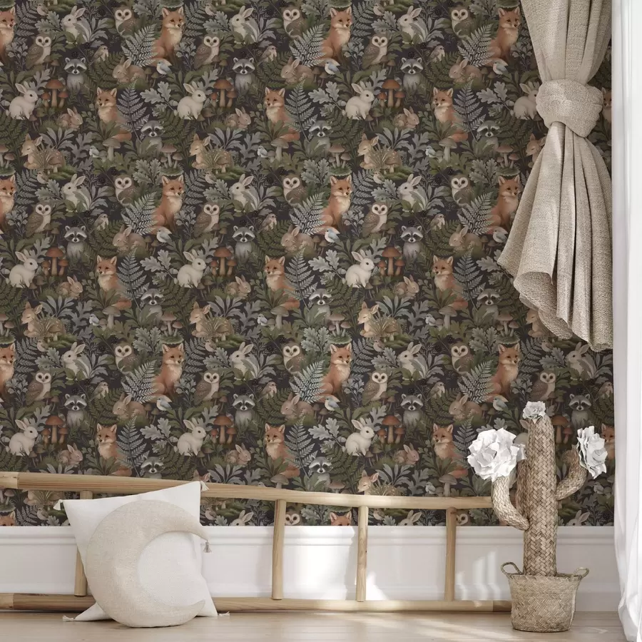 Valokuvatapetti Metsän eläimet ja saniaiset syvällä hiilellä a00880