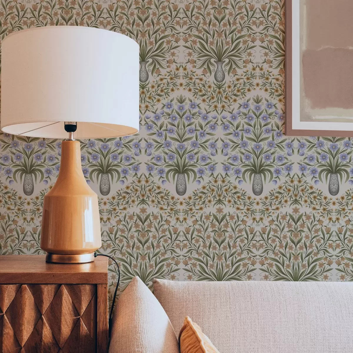 Taustakuva Kansanperinteiset maljakot, joissa on sinisiä kukkia ja oliivinlehtiä vaaleanpunaisella pohjalla a00900