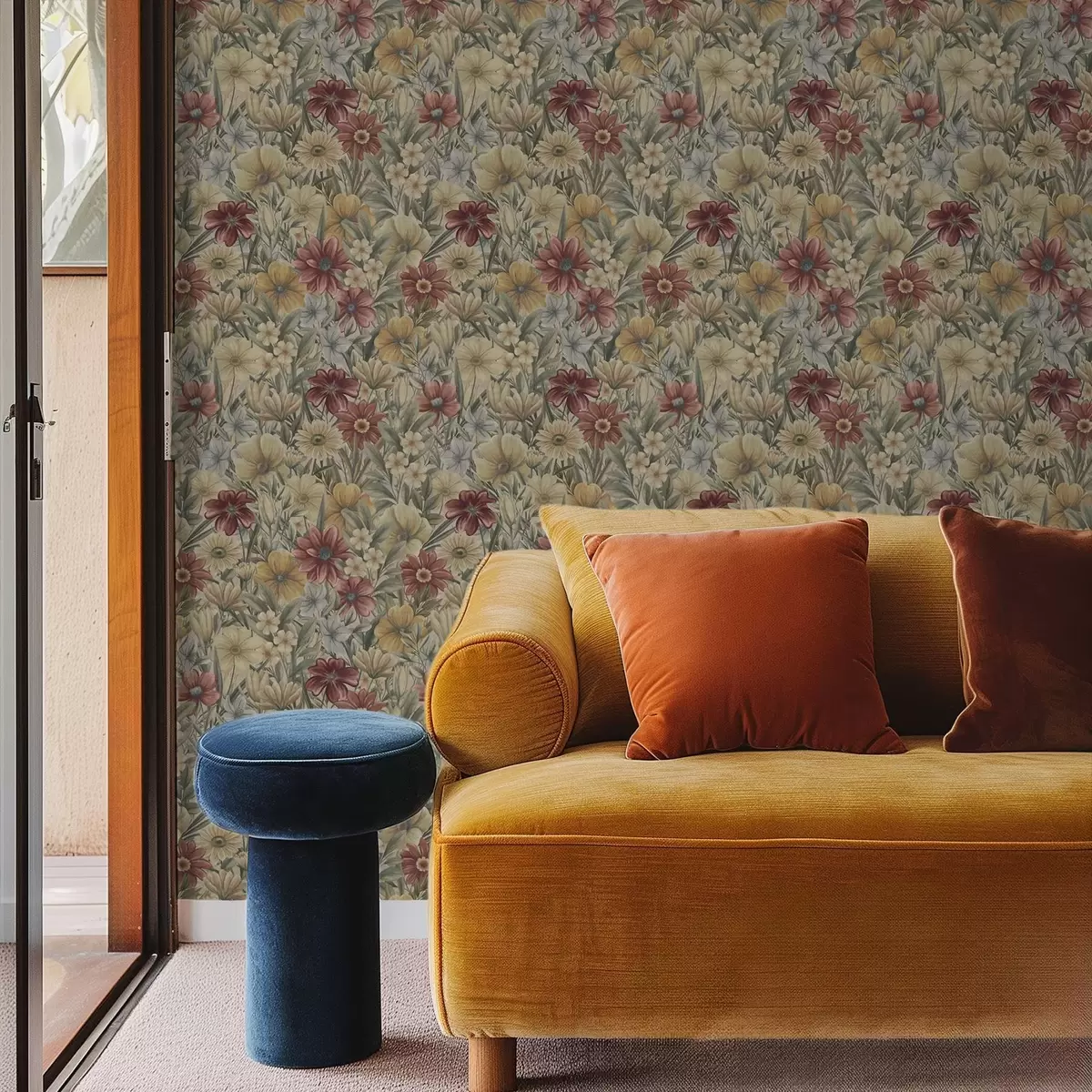 Taustakuva Vintage-niitty kukkivat lämpimissä keltaisissa, punaisissa ja salviavihreissä sävyissä a00906