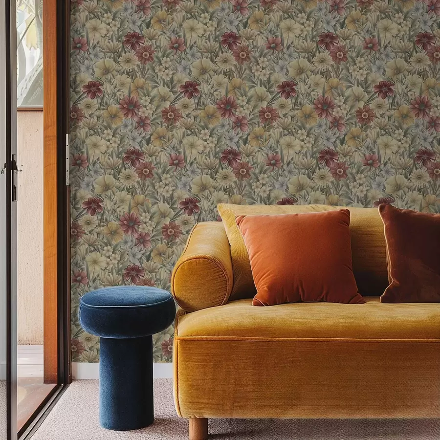 Valokuvatapetti Vintage-niitty kukkivat lämpimissä keltaisissa, punaisissa ja salviavihreissä sävyissä a00906