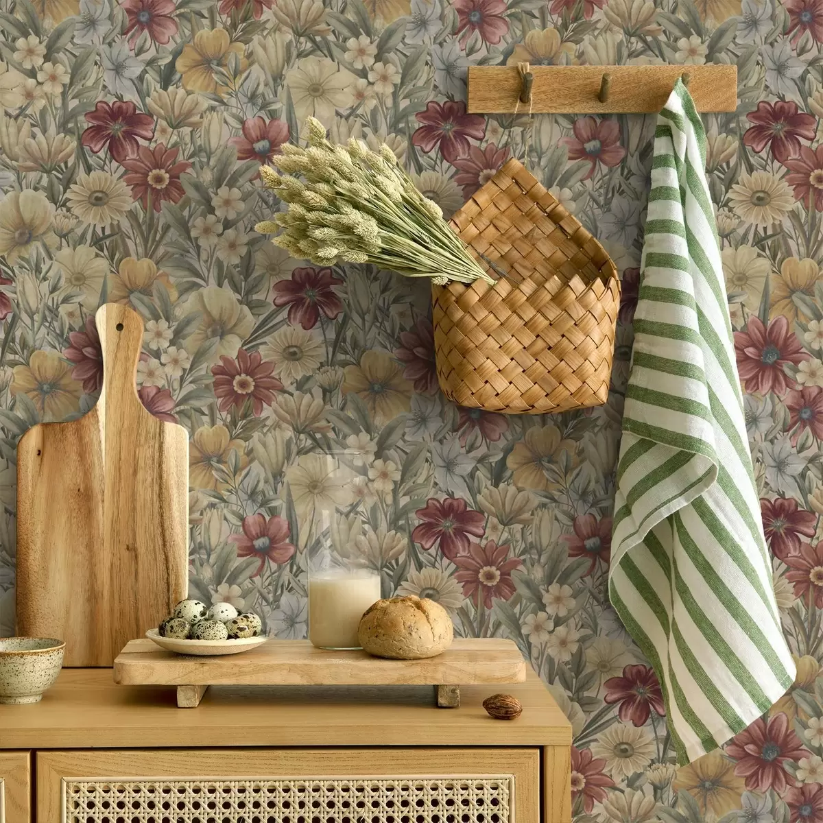 Taustakuva Vintage-niitty kukkivat lämpimissä keltaisissa, punaisissa ja salviavihreissä sävyissä a00906