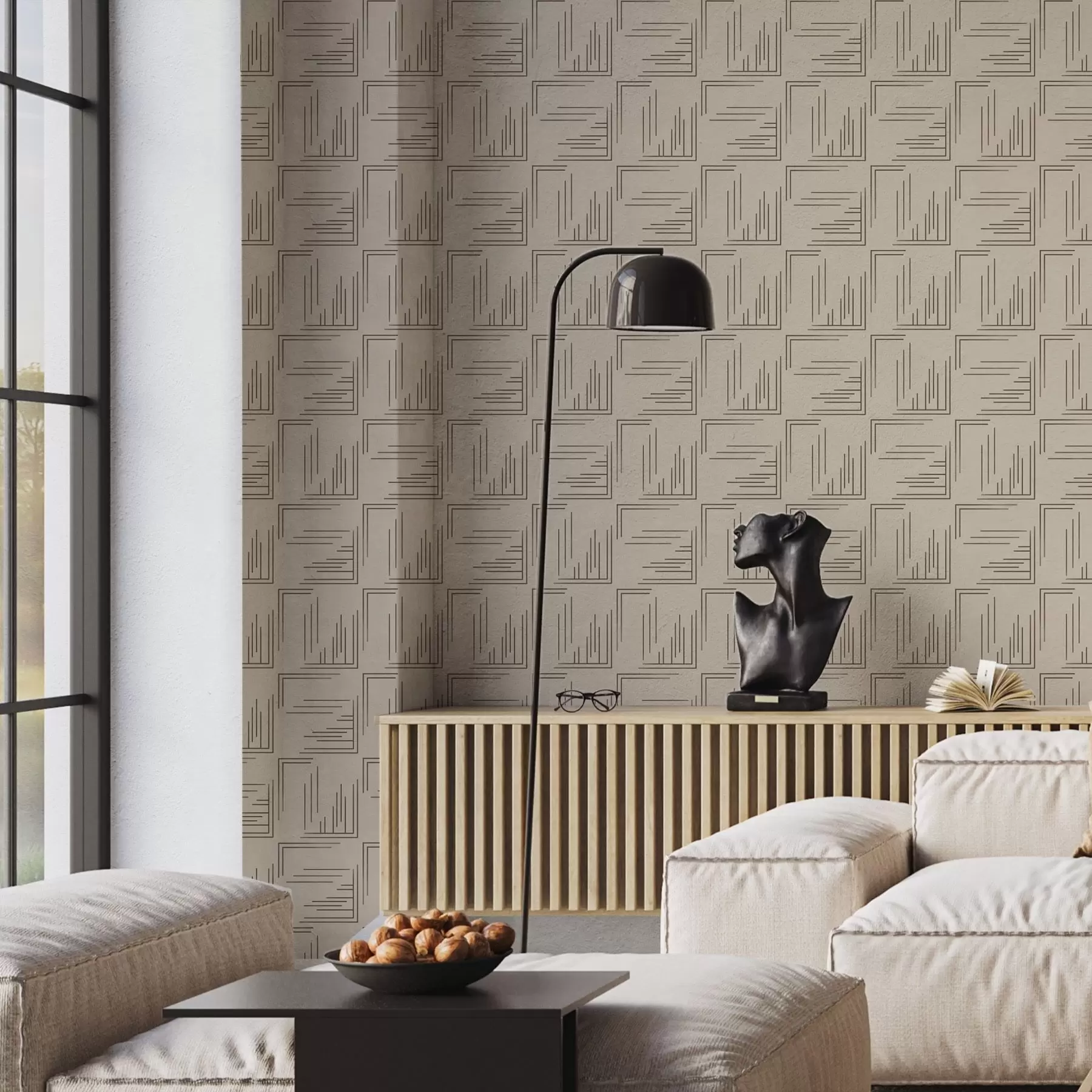 Valokuvatapetti Suuret kaakaonurkkausneliöt, joissa on erilaisia viivalla täytettyjä kuvioita, hiekka a00913