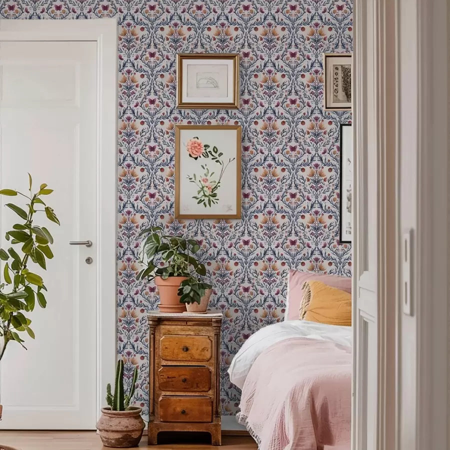 Valokuvatapetti Kukkainen damaskikuvio, jossa on perhosia tummansinisellä ja terrakottanvärisellä pohjalla valkoisella taustalla a00926v1