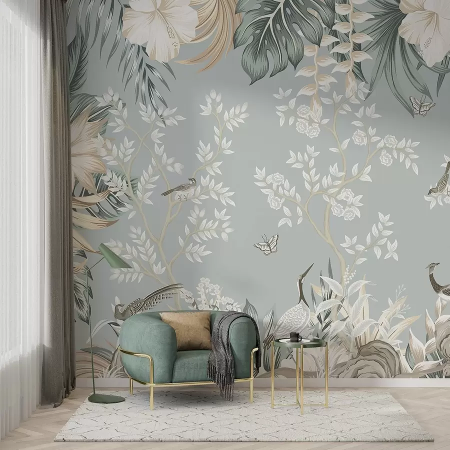 Valokuvatapetti Trooppinen pastellitaide, jossa on lintuja, perhosia, hibiskuskukkia, palmunlehtiä ja puita vaaleansinisellä taustalla. w09528