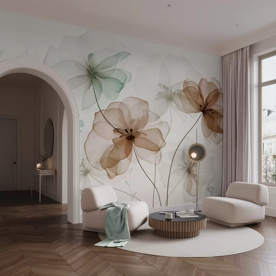 Valokuvatapetti Läpikuultavat kukat, joissa on ruskeat ja vihreät terälehdet, pitkät varret, vaalea tausta, pehmeät värit, teksturoitu kukkakuvio w09529