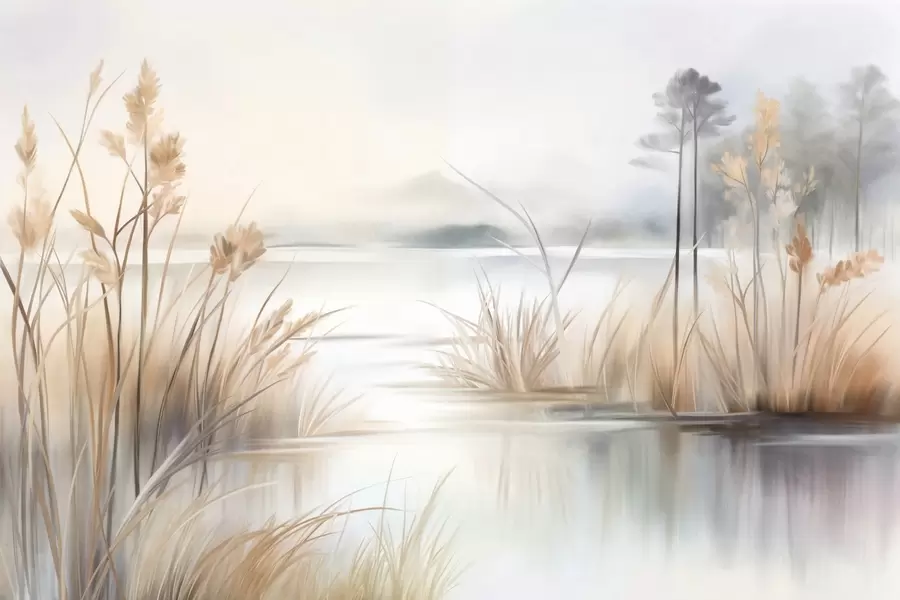 Valokuvatapetti Maisema, jossa etualalla on järvi ja korkea ruoho, taustalla vuoret, pehmeät värit, teksturoitu w09534