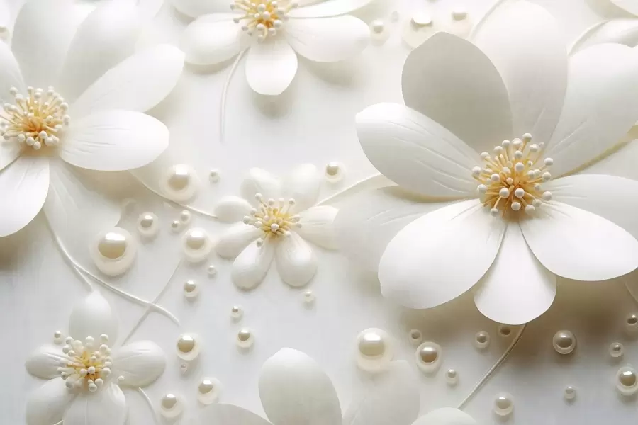 Valokuvatapetti Valkoiset kukat ja helmiäiset valkoisella taustalla, tyylikäs ja minimalistinen muotoilu, teksturoitu w09535