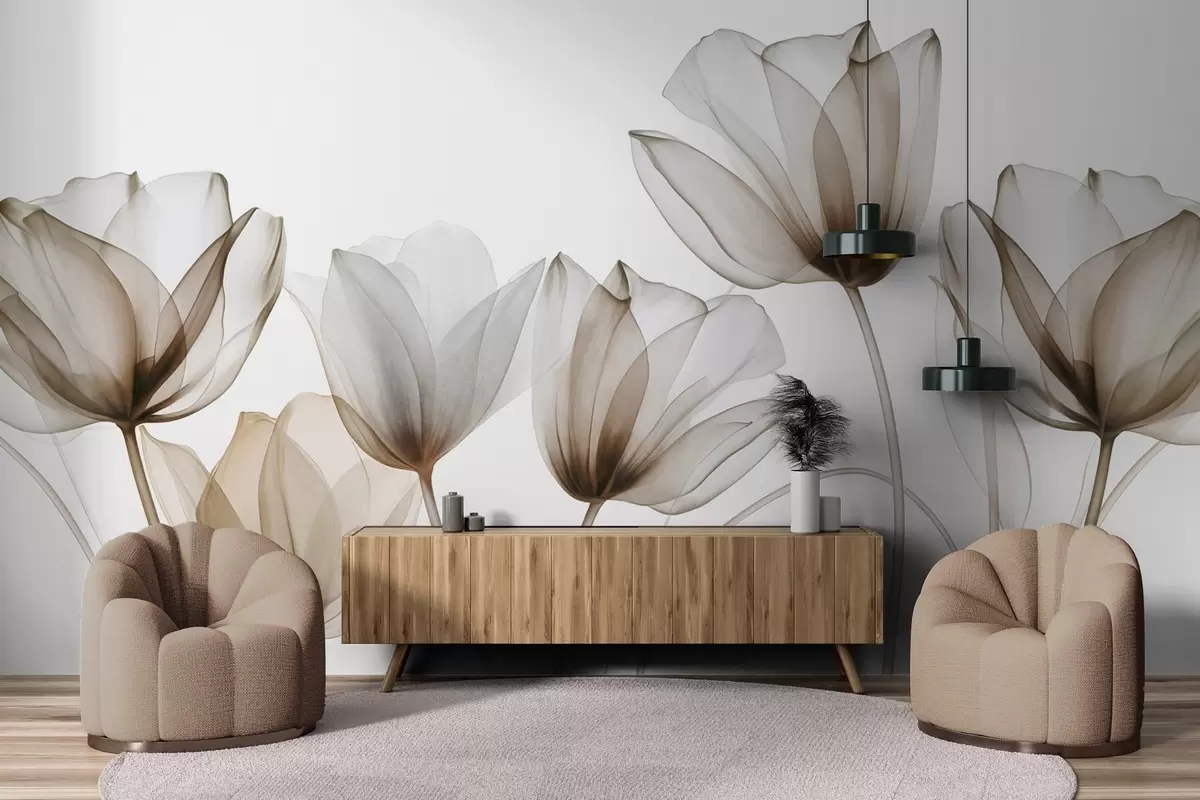 Valokuvatapetti Läpikuultavat ruskeat ja valkoiset tulppaanikukat pitkillä varrilla, vaaleaa taustaa vasten, herkkä ja tekstuurinen kukkataide w09538v1