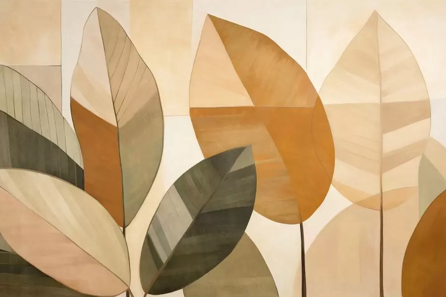 Valokuvatapetti Abstraktit suuret lehdet oranssin, ruskean ja vihreän sävyissä, teksturoidut, järjestetty vaaleaa taustaa vasten w09539