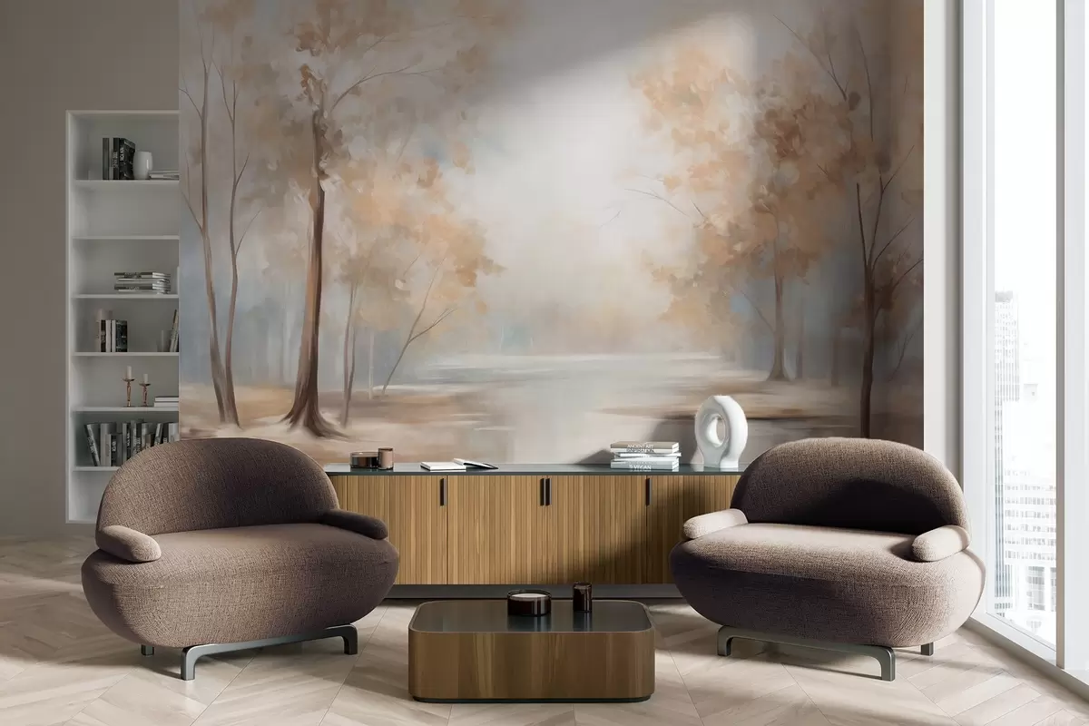 Valokuvatapetti Syksyinen teksturoitu maisema puineen ja joineen, pehmeät värit, kevyt ja ilmava tunnelma, rauhallinen ja hiljainen näkymä w09541