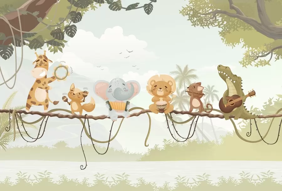 Valokuvatapetti Eläimet soittimineen trooppisen maiseman edessä w04505v1