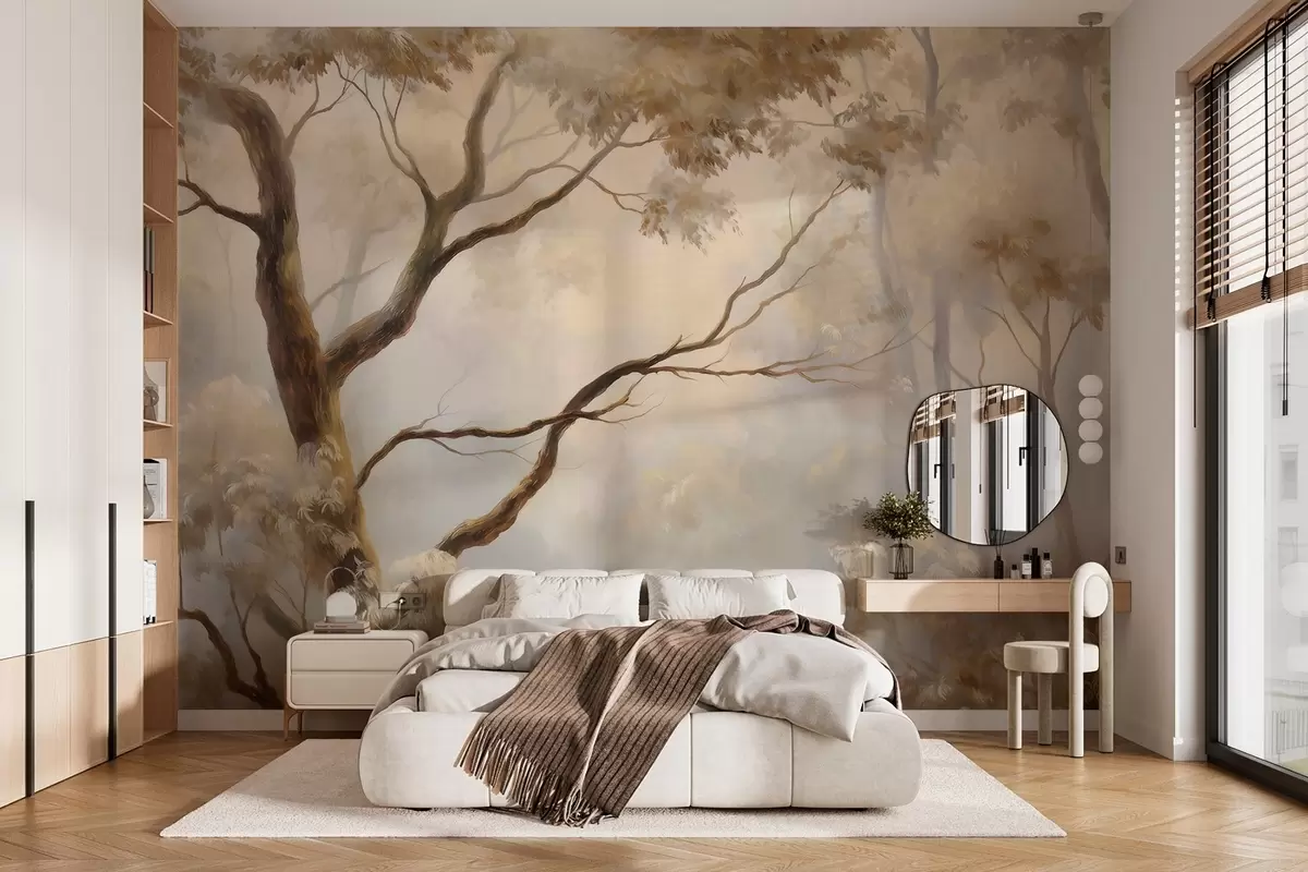 Valokuvatapetti Metsä kevyessä aamukosteudessa. Herkkä, tunnelmallinen maalaus taiteellisen maiseman tyyliin. w04817