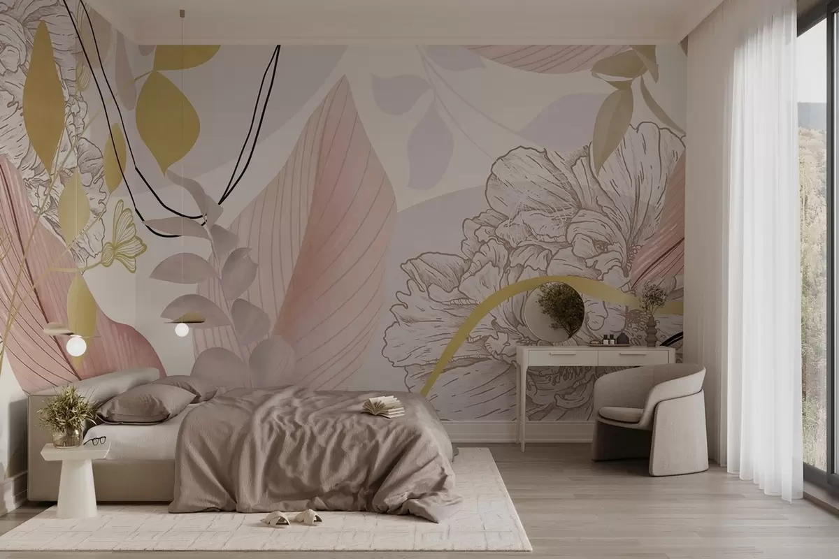 Valokuvatapetti Abstrakti kukkakuvio, jossa on suuria lehtiä hillityn vaaleanpunaisissa ja keltaisissa sävyissä, ohuilla mustilla viivoilla ja valkoisilla kukkien ääriviivoilla. w09544v1