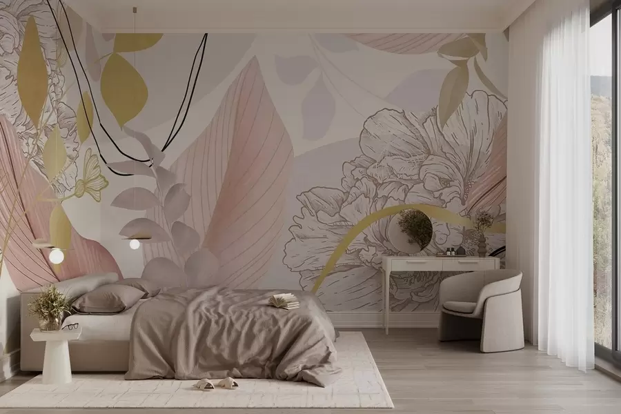 Valokuvatapetti Abstrakti kukkakuvio, jossa on suuria lehtiä hillityn vaaleanpunaisissa ja keltaisissa sävyissä, ohuilla mustilla viivoilla ja valkoisilla kukkien ääriviivoilla. w09544v1