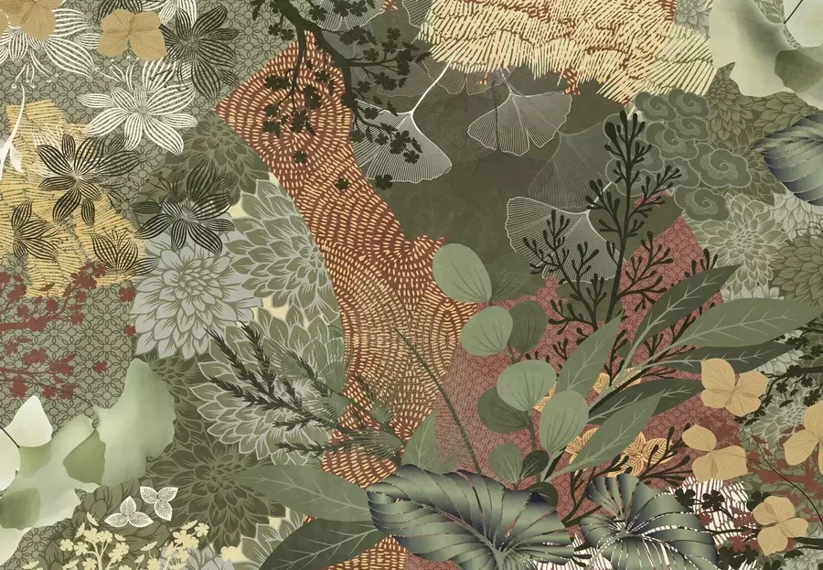 Valokuvatapetti Abstrakti teksturoitu kollaasi kasvitieteellisistä elementeistä, joissa on lehtiä, kukkia ja orgaanisia tekstuureja, vihreän ja ruskean sävyissä w09545