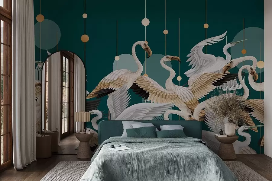 Valokuvatapetti Parvi valkoisia flamingoja, joilla on herkät siivet, tumman sinivihreää taustaa vasten, jossa on keltaisia viivoja ja ympyröitä w09546